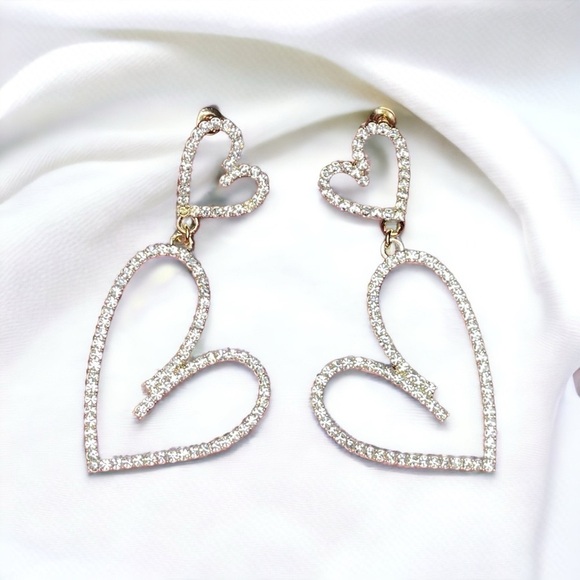 Aposhstyle Jewelry - Gold Rhinestone Double Love Heart Drop Dangle Earrings Nwt